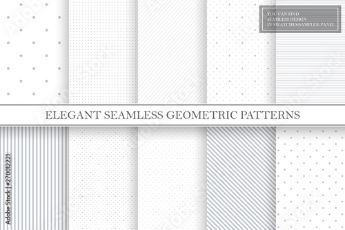 Collection of geometric simple seamless vector patterns - gray dotted and striped textures.