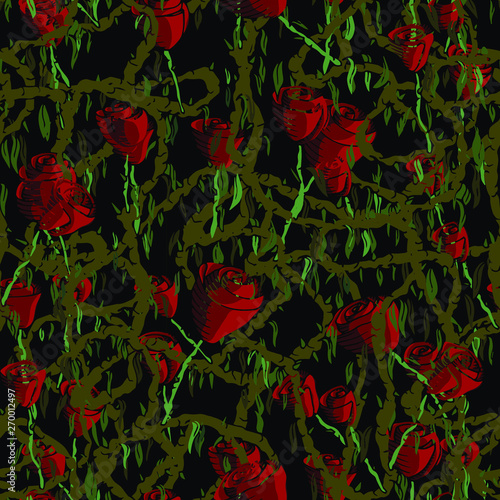 Hand drawn Seamless repeating pattern of a plentiful vine full of crimson roses, with leaves and thorn. On a midnight black background - Vector. Suitable for use  in fashion, crafting, deco etc.
