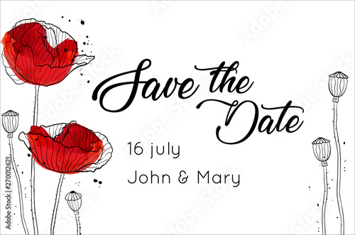 Save the date design template with poppies black and white vector illustration