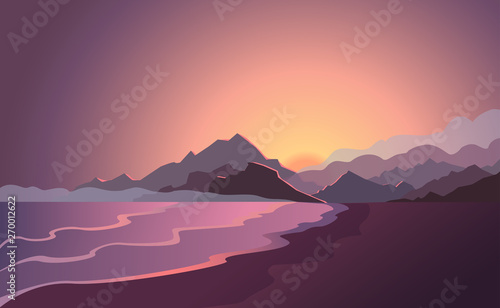Sunset flat landscape mountains and beach vector illustration