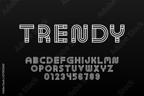 Modern stylized striped font - vector minimalistic design. Trendy english alphabet - white latin linear letters.