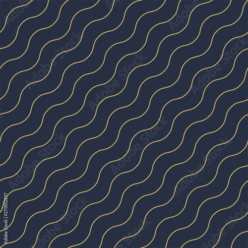 Vector geometric seamless diagonal wavy pattern - goldish striped rich texture. Stylish blue background