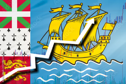White arrow and stocks chart growth up on the background of the flag of Saint Pierre and Miquelon