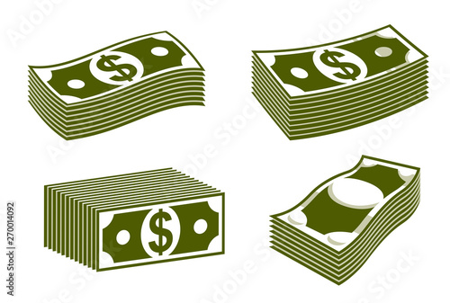 Cash money dollar banknote stack vector simplistic illustration set icon or logo collection, business and finance theme, income taxes revenue prize.