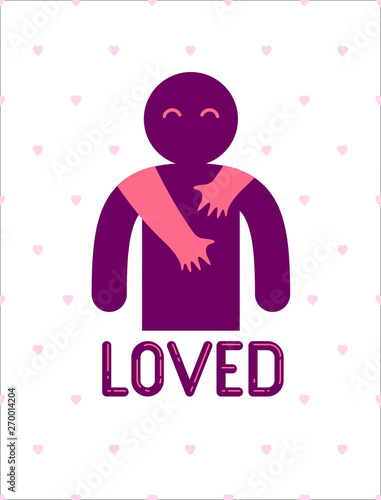 Beloved man with care hands of a lover woman hugging and caresses his shoulders, vector icon logo or illustration in simplistic symbolic style.