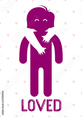 Beloved woman with care hands of a lover man hugging and caresses her shoulders, vector icon logo or illustration in simplistic symbolic style.