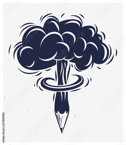 Pencil with nuclear explosion mushroom shape, creative explosion or energy concept, exploding creativity, vector conceptual logo or icon.