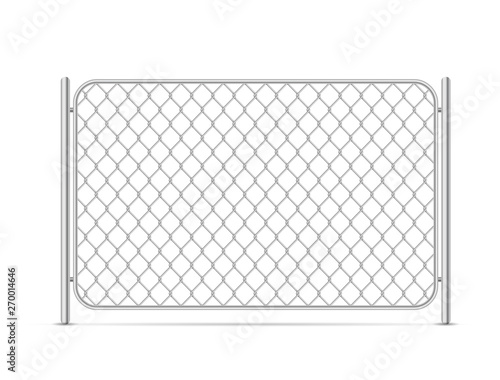 Part of glossy metal chain link fence on white