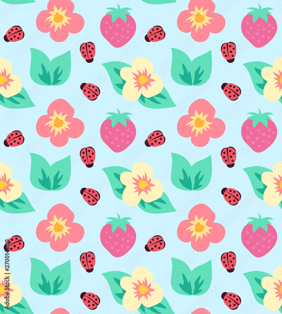 Summer cute strawberry colorful pattern with flowers and ladybugs seamless vector Summer cute strawberry colorful pattern with flowers and ladybugs seamless vector