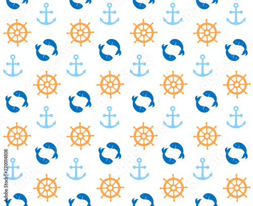 Marine cute pattern with fish anchor and handwheel seamless colorful