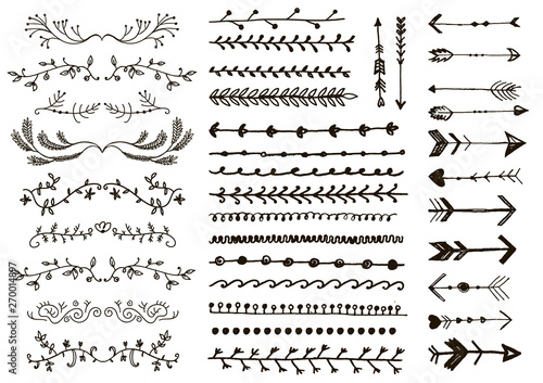 Vector floral ornament dividers. Hand drawn, doodle vines decoration, sketch leaves ornaments. Ink flourish and arrows.