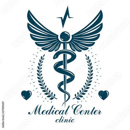 Pharmacy Caduceus icon, medical logo created with heart shape and electrocardiogram chart symbol. Cardiology diagnosis clinic emblem for use in medicine and rehabilitation.