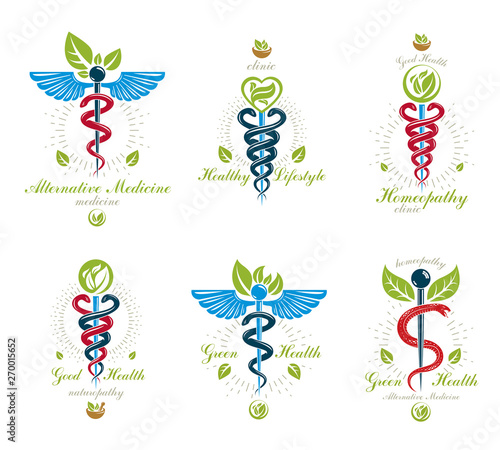 Set of Caduceus vector conceptual emblems created with snakes and green leaves. Wellness and harmony metaphor. Alternative medicine concept, phytotherapy logotypes.