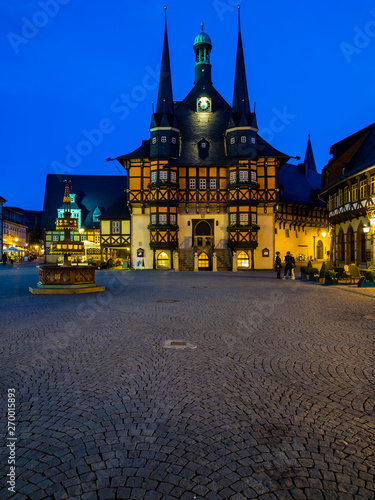 Market square and town hall at dusk, old town, half-timbered houses, Wernigerode, Harz, Saxony-Anhalt, Germany, Europe