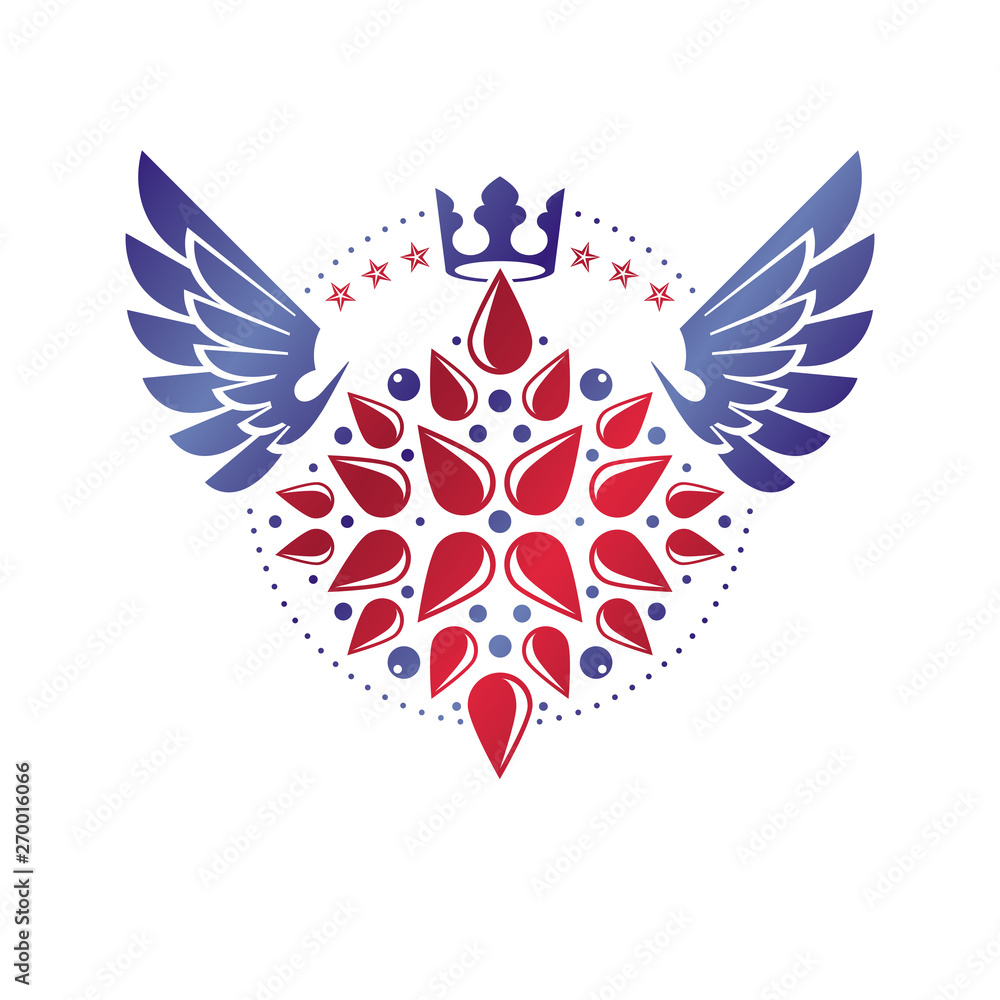 Fototapeta premium Victorian winged emblem composed using lily flower, monarch crown and pentagonal stars. Royal quality award vector design element, business label.