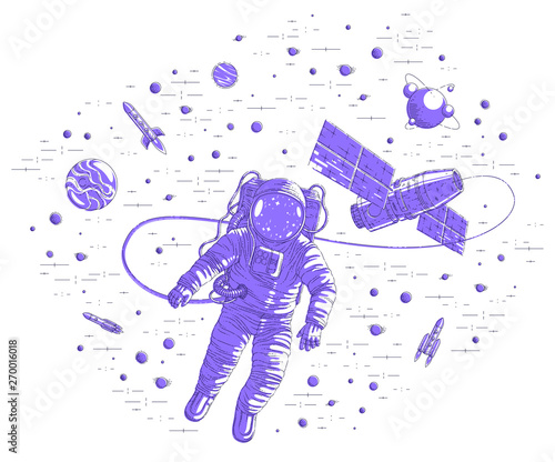 Astronaut flying in open space connected to space station, spaceman floating in weightlessness and iss spacecraft surrounded by rockets, stars and other elements. Vector illustration isolated.