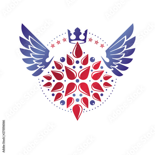 Victorian winged emblem composed using lily flower, monarch crown and pentagonal stars. Royal quality award vector design element, business label.