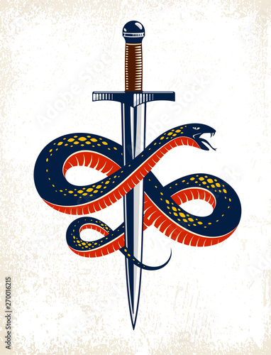 Snake and Dagger, Serpent wraps around a sword vector vintage tattoo, Roman god Mercury, luck and trickery, allegorical logo or emblem of ancient symbol.