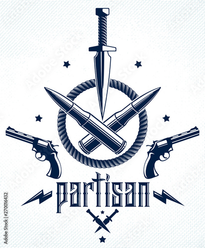 Dagger knife and other weapons  vector emblem of Revolution and War, tattoo with lots of design elements, anarchy and chaos concept, criminal and gangster style, social tension theme.