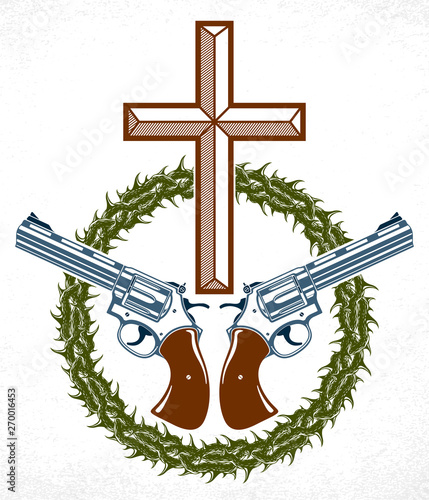 Criminal gangster dramatic emblem or logo with Christian Cross symbolizing death, vector vintage style tattoo, rebel rioter partisan and revolutionary.