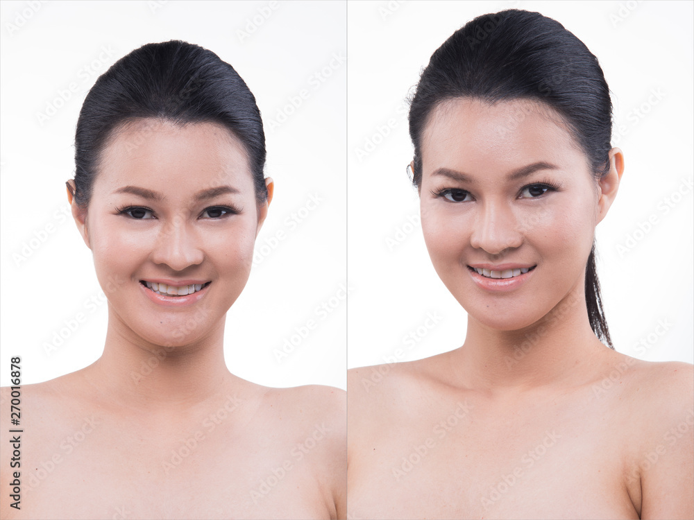 Beautiful Asian Long straight black wrapped hair tan skin woman in slim open shoulder, fashion clean make up, studio lighting white background isolated copy space, group pack collage for health beauty Beautiful Asian Long straight black wrapped hair tan skin woman in slim open shoulder, fashion clean make up, studio lighting white background isolated copy space, group pack collage for health beauty