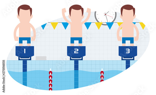 Swimmer men on starting line sporting swim. Isolated on white background.