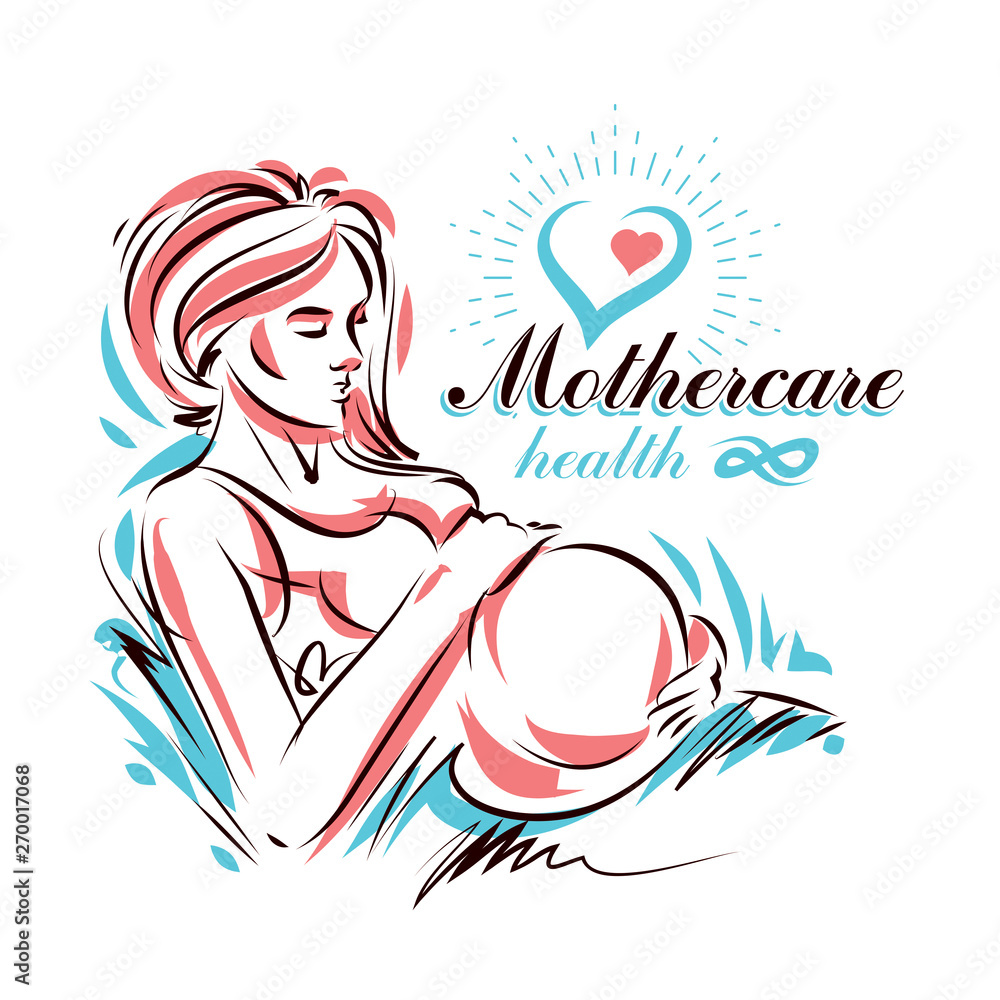 Vector hand-drawn illustration of pregnant elegant woman expecting baby, sketch. Gynecology and pregnancy medical care clinic promotion leaflet Vector hand-drawn illustration of pregnant elegant woman expecting baby, sketch. Gynecology and pregnancy medical care clinic promotion leaflet