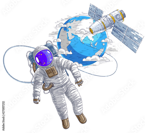Astronaut went out into open space connected to space station and earth planet in background, spaceman floating in weightlessness and iss spacecraft with solar panels behind him. Vector.