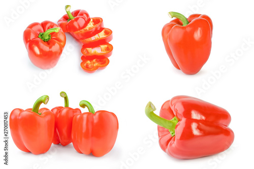 Group of red bell peppers on white