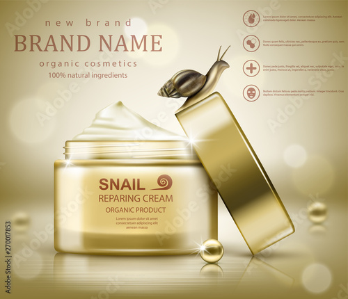 Snail cosmetic packaging design. Vector illustration