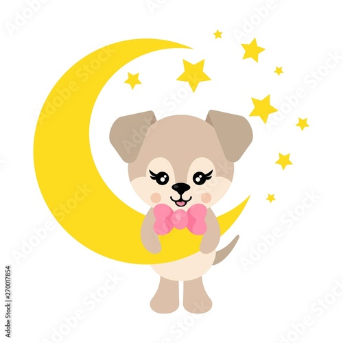 cartoon cute dog with tie on the moon with text vector