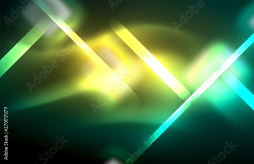 Neon square and line lights on dark background with blurred effects