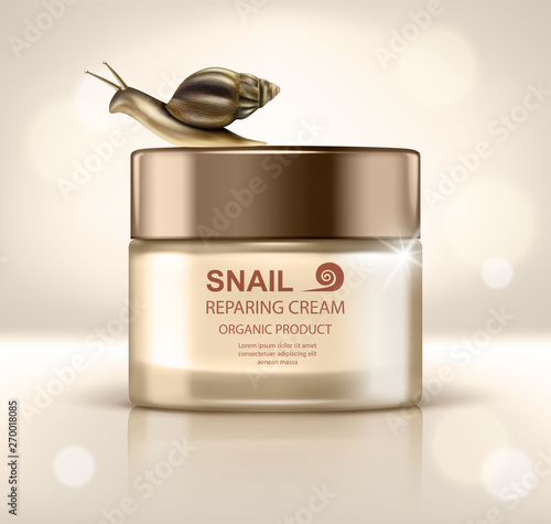 Vector realistic skin care product with snail - moisturizing cream with organic slime. Cosmetic product packaging. Vector illustration