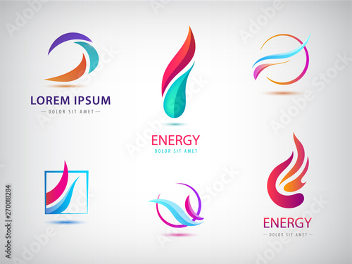 Vector set of abstract wavy energy, power, technology, fire logos. Solar Energy and Renewable