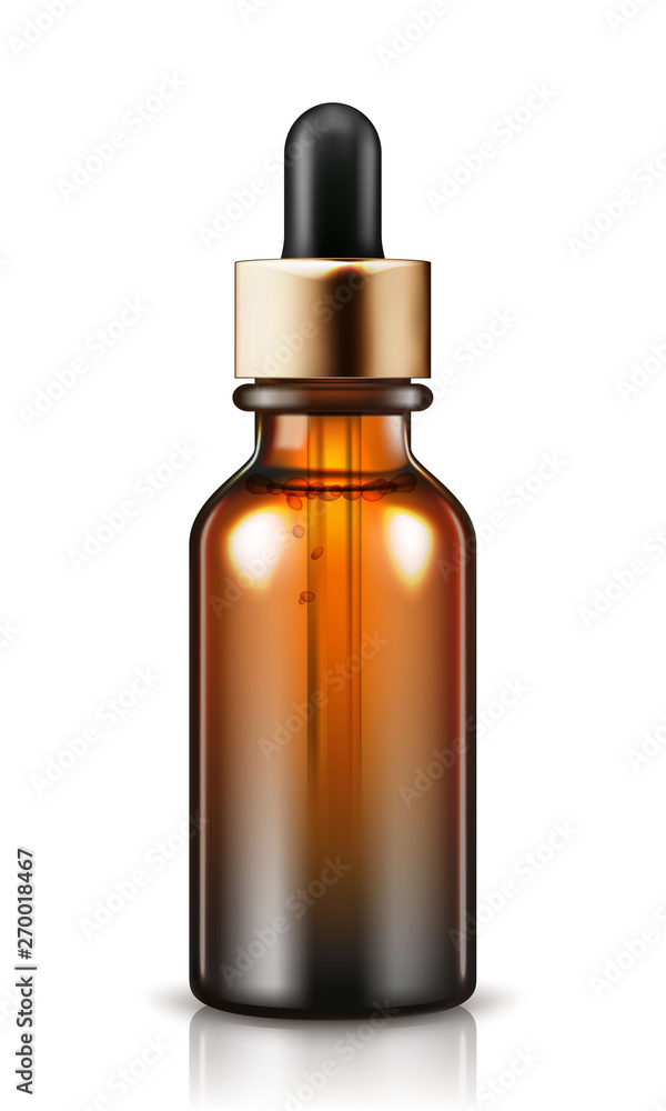 Fototapeta premium Natural organic oil isolated on white background. Body oil in brown bottle. Vector illustration