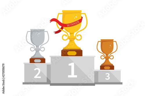 Winner podium with cups for the first, second and third place. Pedestal winner at sporting events, prizes for champions. Gold, silver and bronze cup on a pedestal.