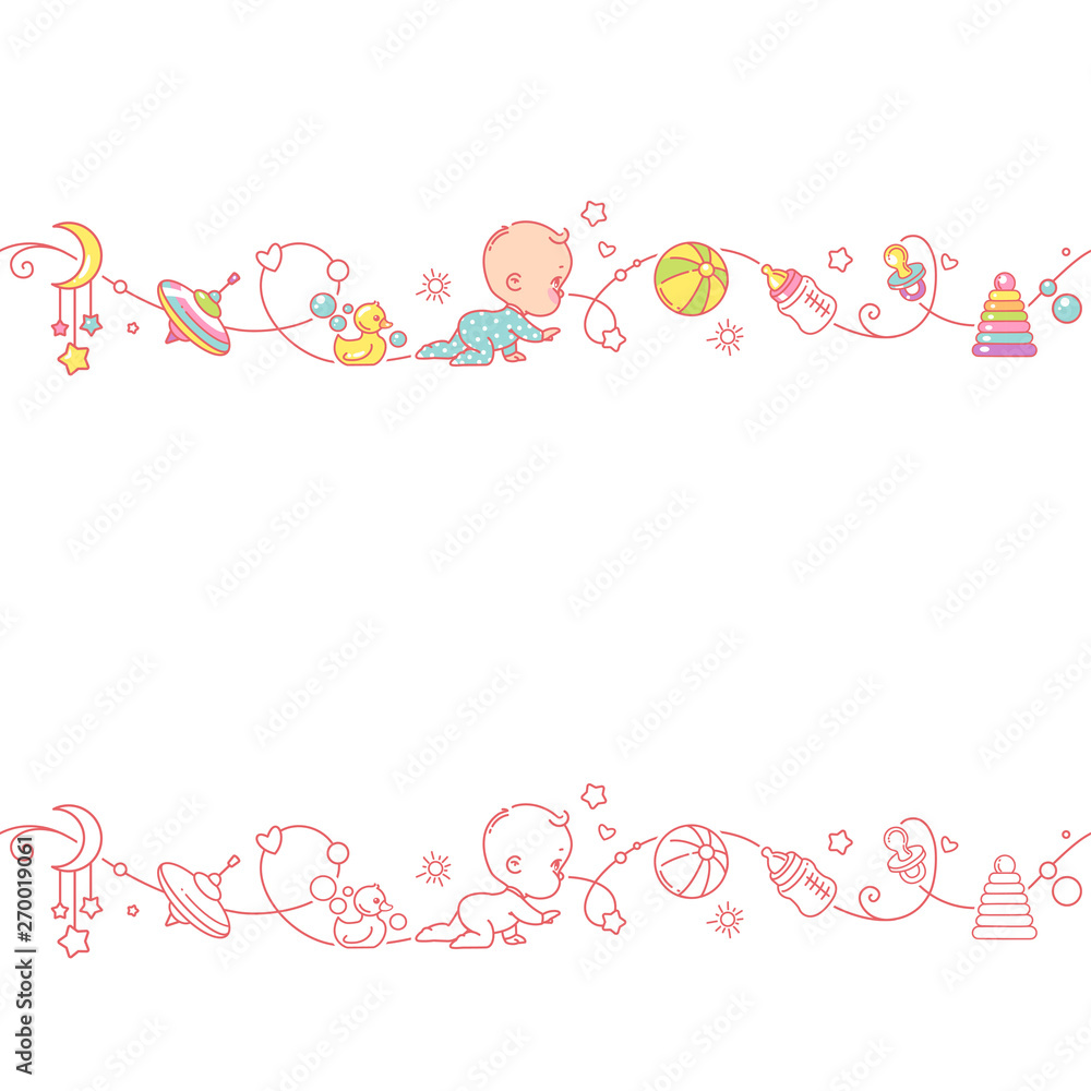 Seamless ornamental border with baby objects and toys. Seamless ornamental border with baby objects and toys.