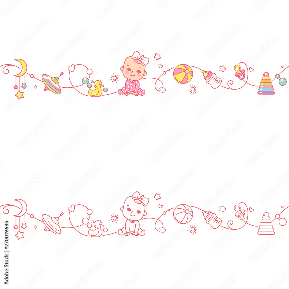 Seamless ornamental border with baby objects and toys.