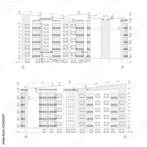 Multistory building facades, detailed architectural technical drawing, vector blueprint