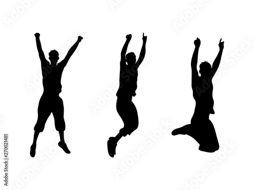 Set of black silhouette of jumping man on white background.