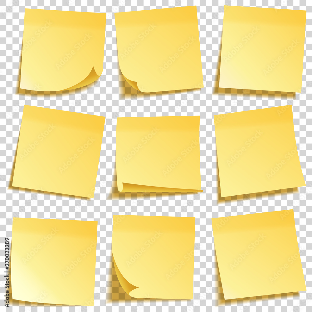 Realistic sticky note with shadow. Yellow paper set. Message on notepaper. Reminder. Vector illustration. Realistic sticky note with shadow. Yellow paper set. Message on notepaper. Reminder. Vector illustration.