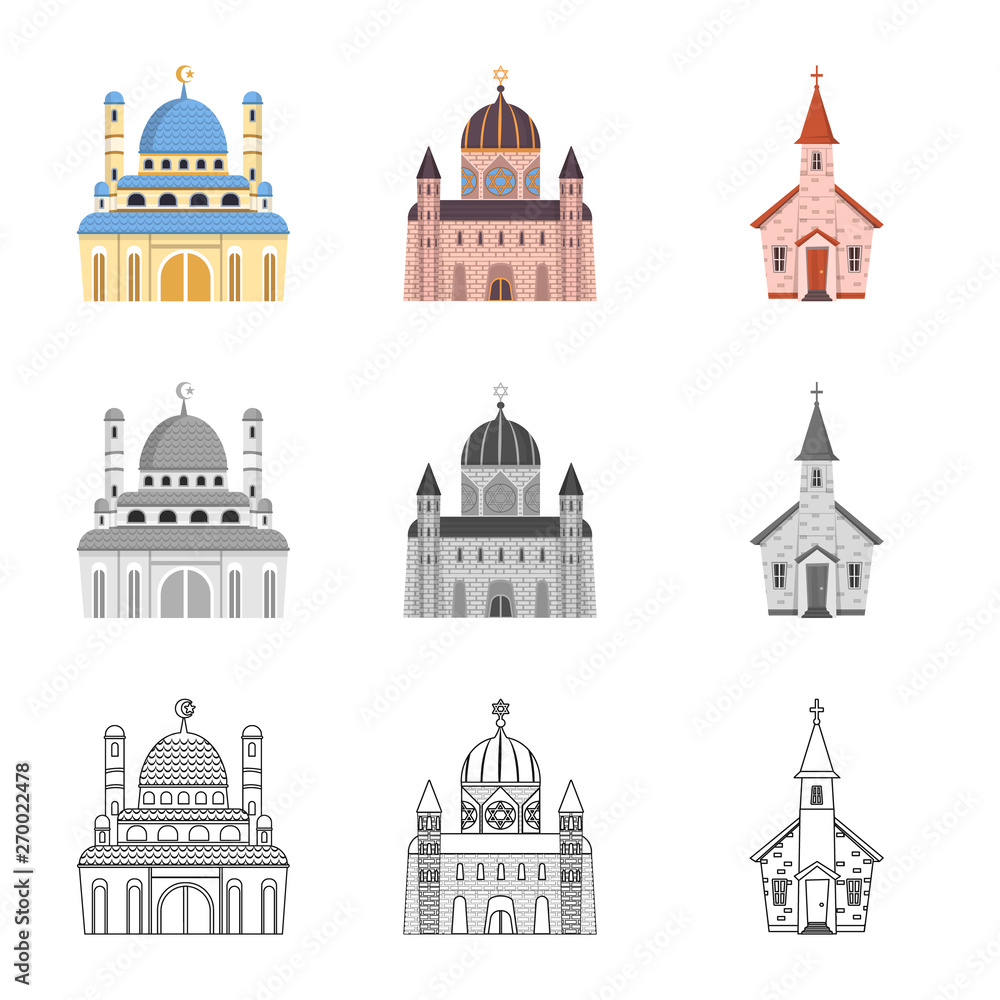 Vector illustration of cult and temple icon. Collection of cult and parish vector icon for stock.