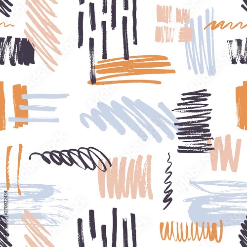 Stylish seamless pattern with vivid brush strokes, scribble daub on white bac...