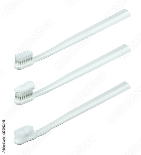 Three toothbrushes with paste  foam and clean  isolated on white background