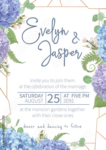 Wedding, watercolor seasonal flower card.leaves, branches eucalyptus, gaultheria, salal, chamaelaucium, fern.Blue, purple, of flowers hydrangea.Vector design frame.Floral vertical.Isolated 