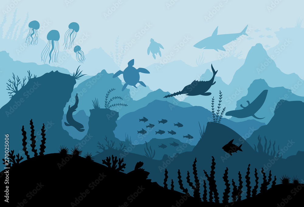 Underwater ocean fauna. Deep sea plants, fishes and animals. Marine  seaweed, fish under water and animal silhouette with corals, algae seaweed  cartoon vector background illustration. Stock Vector | Adobe Stock