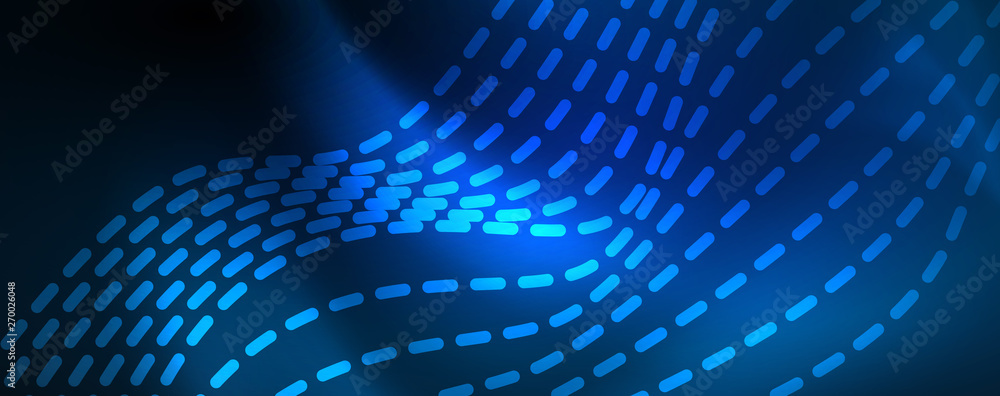 Naklejka premium Smooth wave lines on blue neon color light background. Glowing abstract wave on dark, shiny motion, magic space light