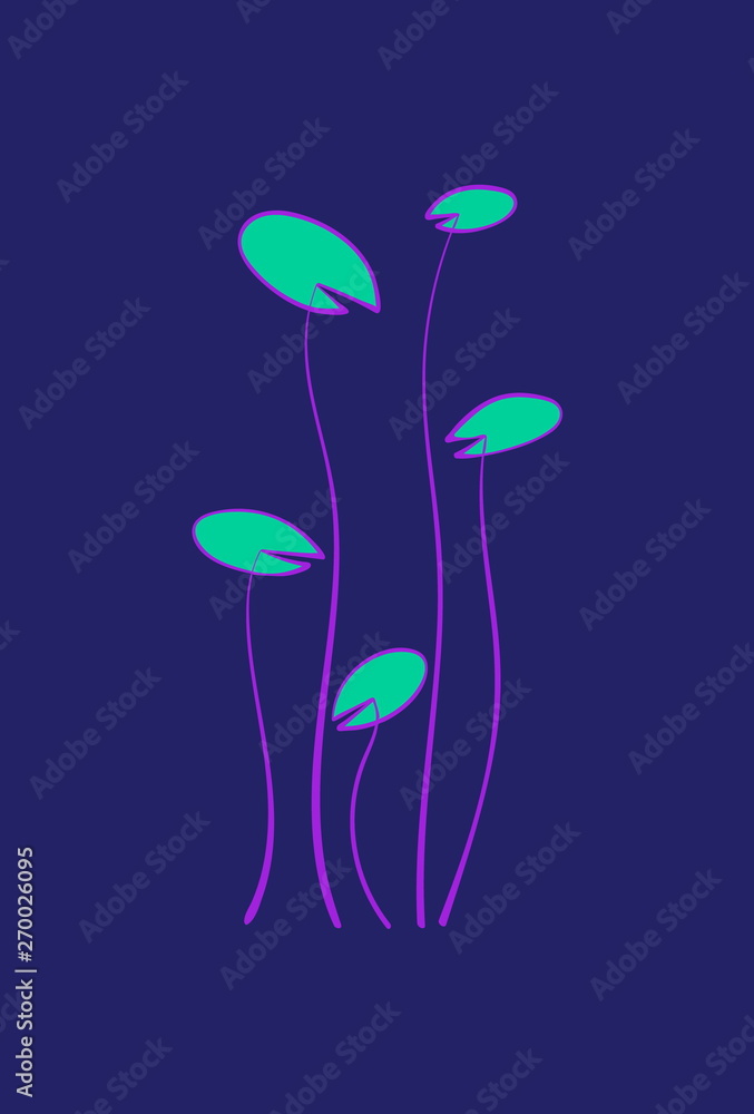 Underwater small seaweed plants set. Cartoon seaware vector illustration, sea alga collection, isolated on blue background