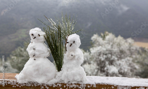 two snowmen standing, snowing winter