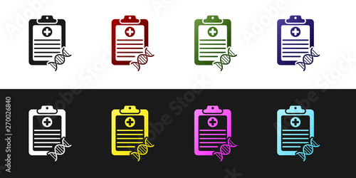 Set Clipboard with DNA analysis icon isolated on black and white background. Genetic engineering, genetics testing, cloning, paternity testing. Vector Illustration